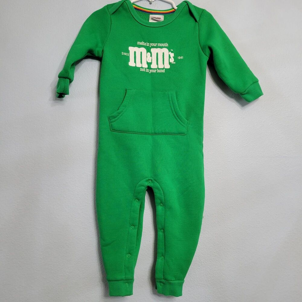 Vintage 90s Green M&M's Candy 18M Baby Fleece Sleeper One Piece Retro Halloween